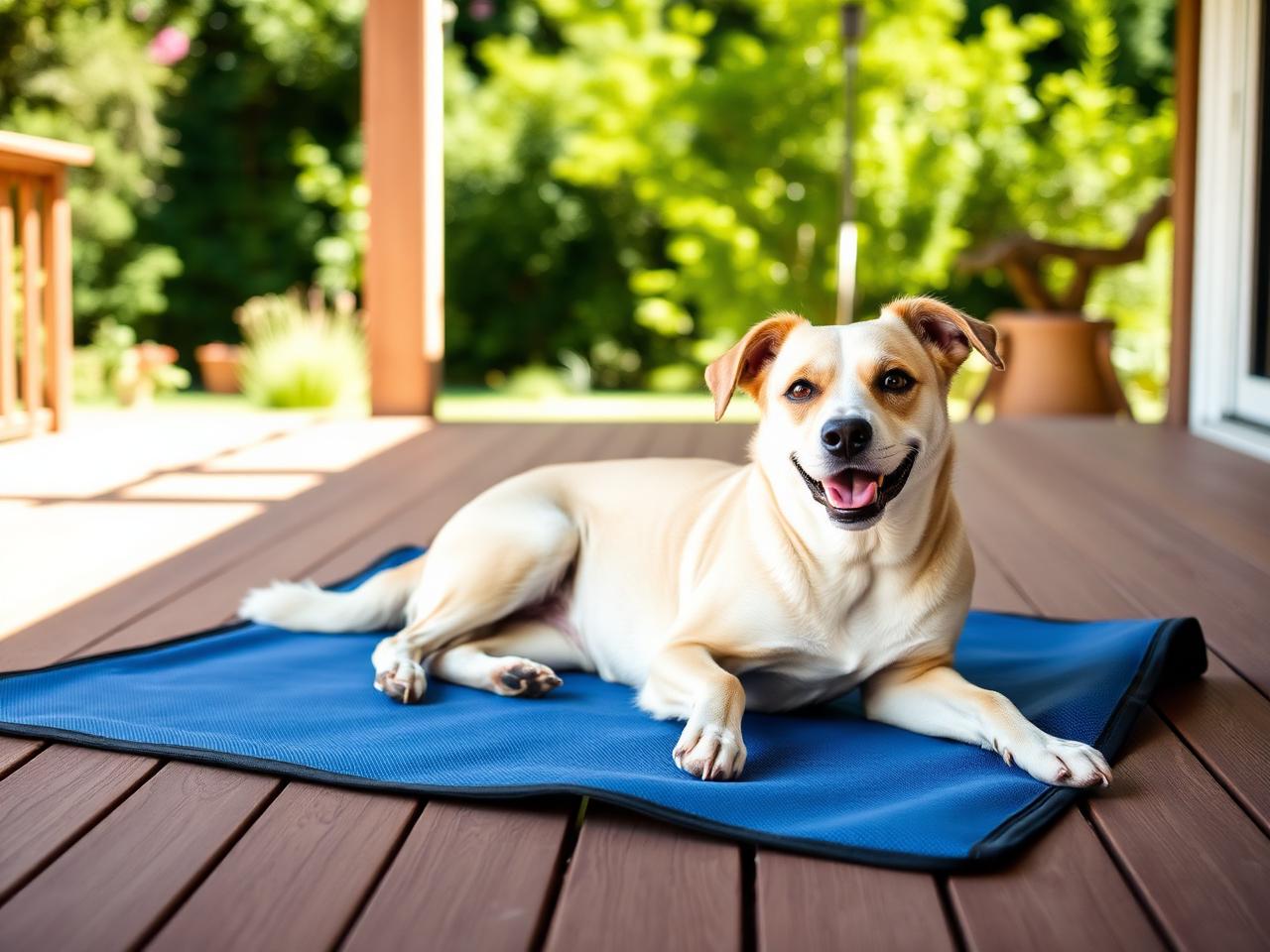 Hund liegt entspannt auf bellofresco Kühldecke auf sonniger Terrasse